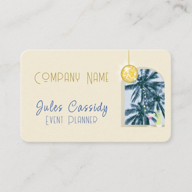 Party Light Cocktail Disco Ball Palm Event Planner Business Card (Front)