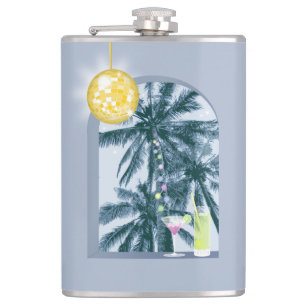 Party Lights Cocktails Disco Ball Palms on Blue Hip Flask