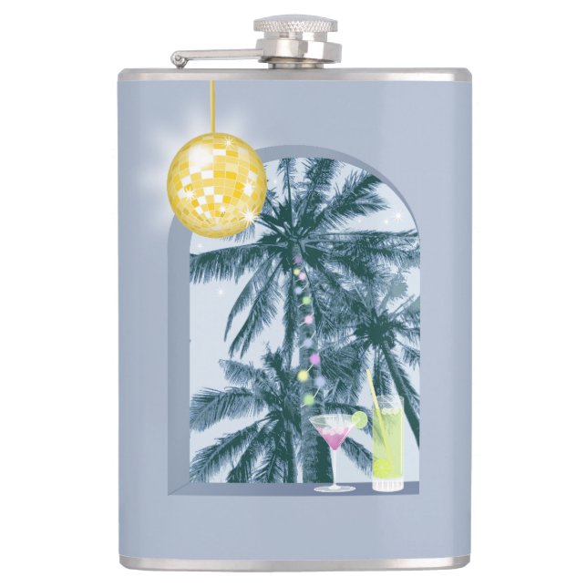 Party Lights Cocktails Disco Ball Palms on Blue Hip Flask (Front)