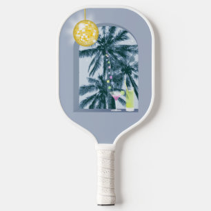 Party Lights Cocktails Disco Ball Palms on Blue Pickleball Paddle