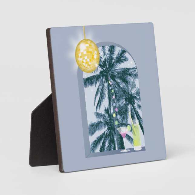 Party Lights Cocktails Disco Ball Palms on Blue  Plaque (Front)