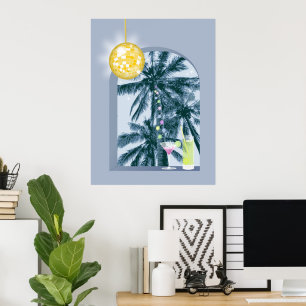 Party Lights Cocktails Disco Ball Palms on Blue  Poster