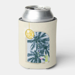 Party Lights Cocktails Disco Ball Palms on Yellow  Can Cooler