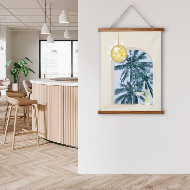 Party Lights Cocktails Disco Ball Palms on Yellow Hanging Tapestry (Creator Uploaded)