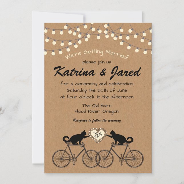 Party Lights with Cats on Bikes Wedding Invitation (Front)
