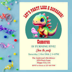 Party Like a Dinosaur Any Age Colorful Birthday  Invitation
