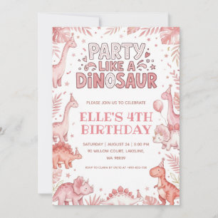 party like a dinosaur pink dinosaur birthday invitation