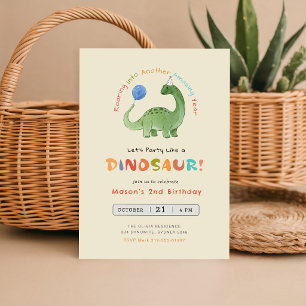 Party Like a Dinosaur Watercolor Dino 2nd Birthday Invitation