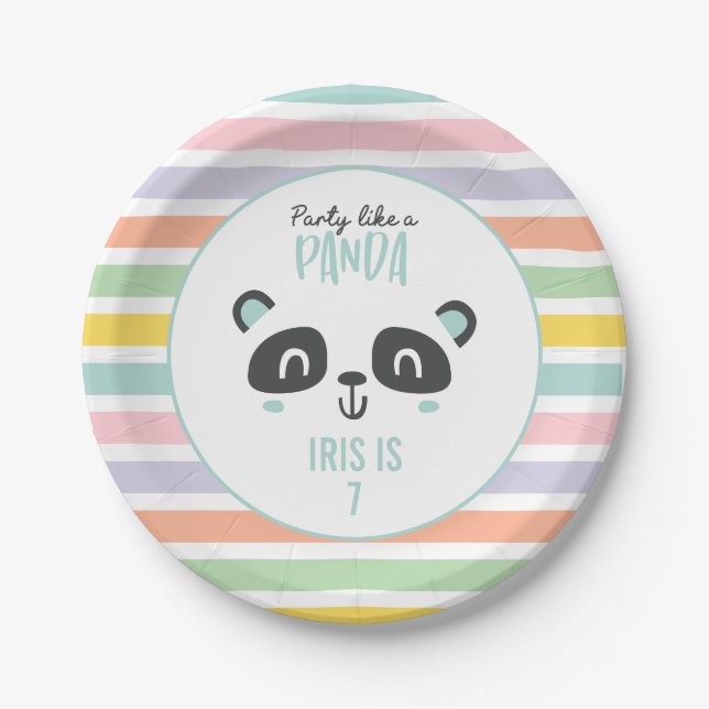 Party like a panda bright colourful birthday paper plate (Front)