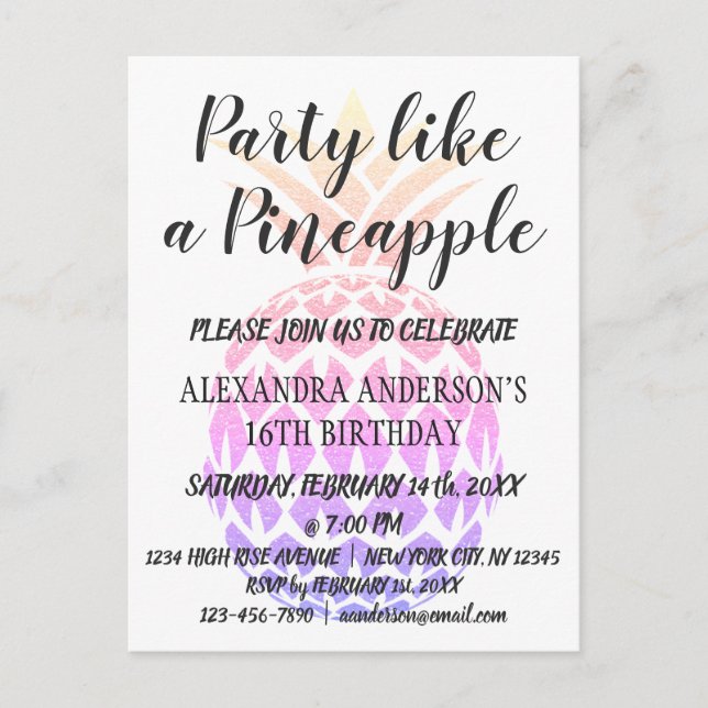 Party Like a Pineapple Birthday Invitation Postcard (Front)
