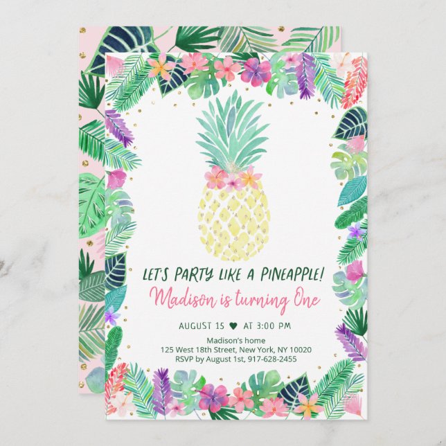 Party Like a Pineapple Tropical Floral Birthday Invitation (Front/Back)