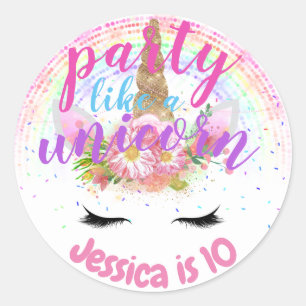 Party Like A Unicorn Pink Gold Glitter Girls Party Classic Round Sticker