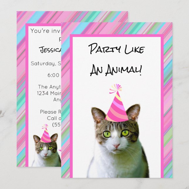 Party Like An Animal Cat With Party Hat Birthday Invitation (Front/Back)