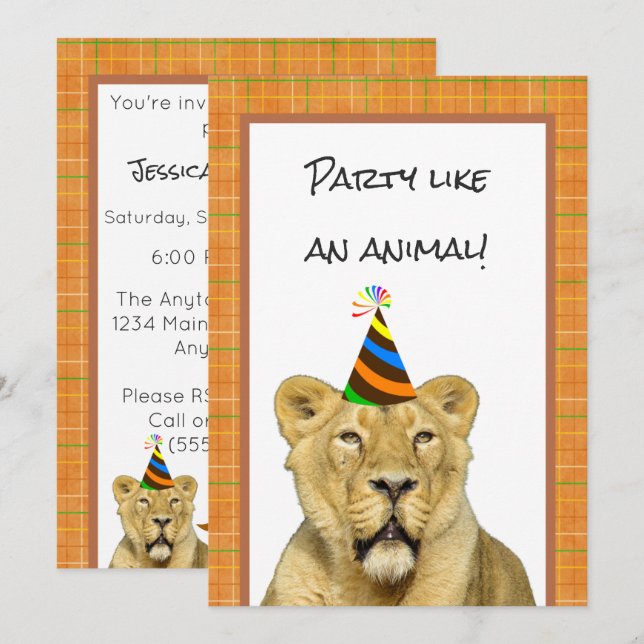 Party Like An Animal Lion With Hat Birthday Invitation (Front/Back)