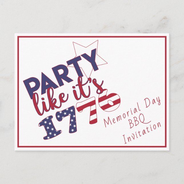 Party like it's 1776 - Memorial Day BBQ Invitation Postcard (Front)