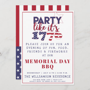 Party like it's 1776 - U.S. Flag Memorial Day BBQ Invitation