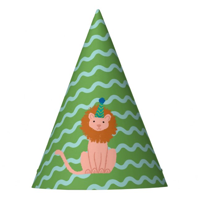 Party Lion Aqua Wavy Stripes on Green Party Hat (Front)