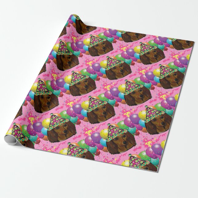Party  Long Haired Red Doxie Wrapping Paper (Unrolled)
