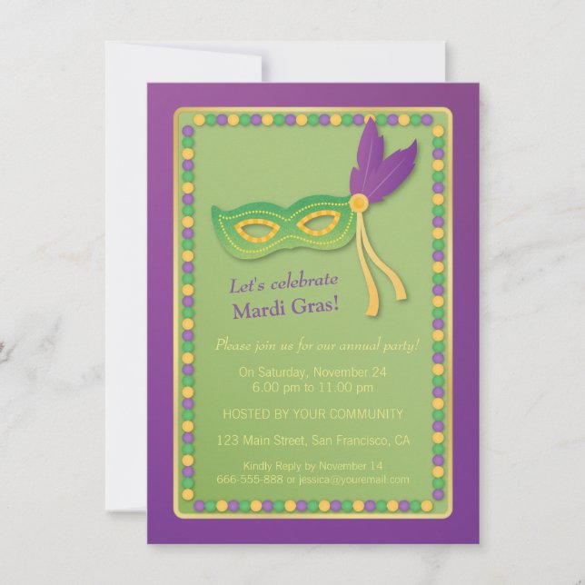Party Mask and Beads Mardi Gras Invitations (Front)