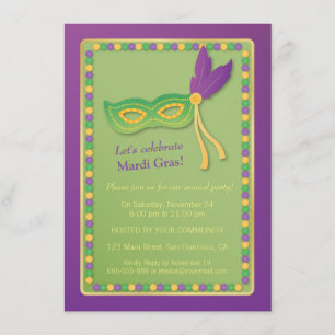 Party Mask and Beads Mardi Gras Invitations
