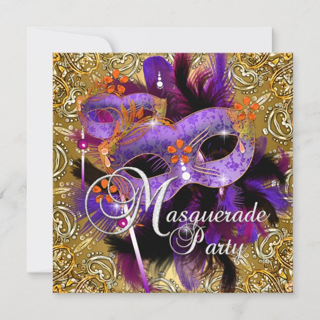 Party Masquerade Purple Orange Gold Silver Invitation (Front)