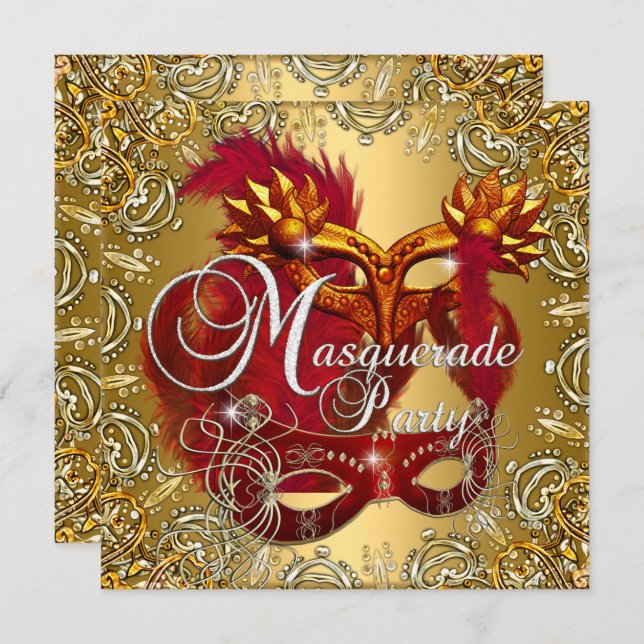 Party Masquerade Red Gold Silver Invitation (Front/Back)