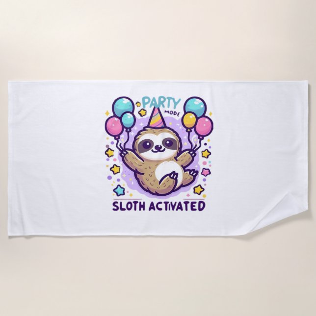 Party Mode Sloth Activated Birthday Balloon Sloth  Beach Towel (Front)
