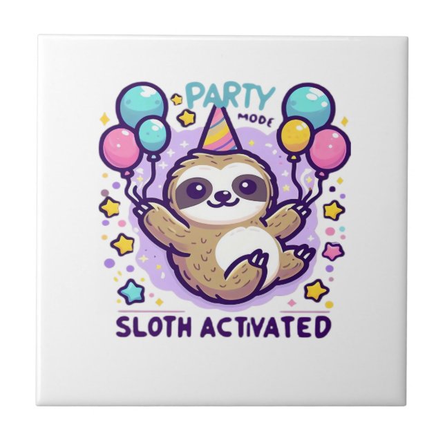 Party Mode Sloth Activated Birthday Balloon Sloth  Ceramic Tile (Front)