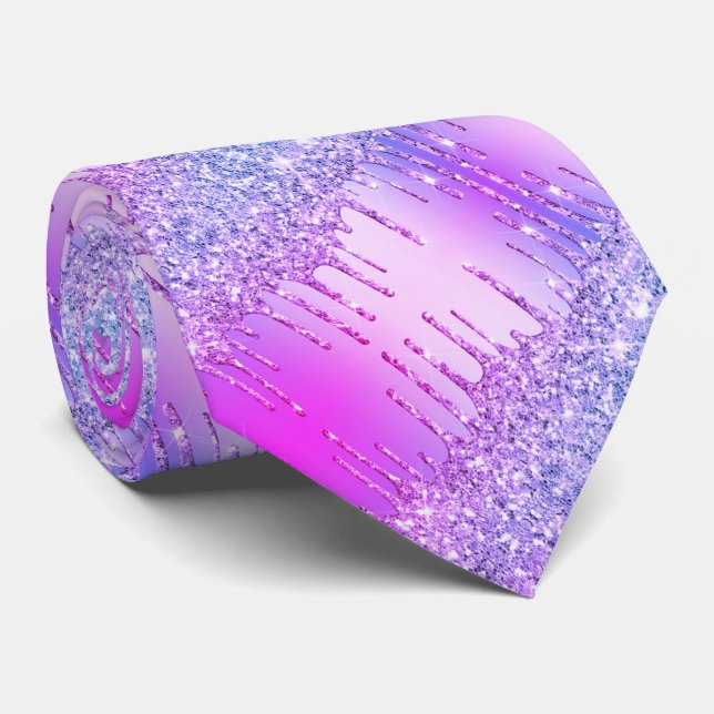 Party Neck Tie Purple Pink Neon Gold Glitter Drips (Rolled)