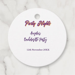 Party nights bachelorette party name date purple favour tags