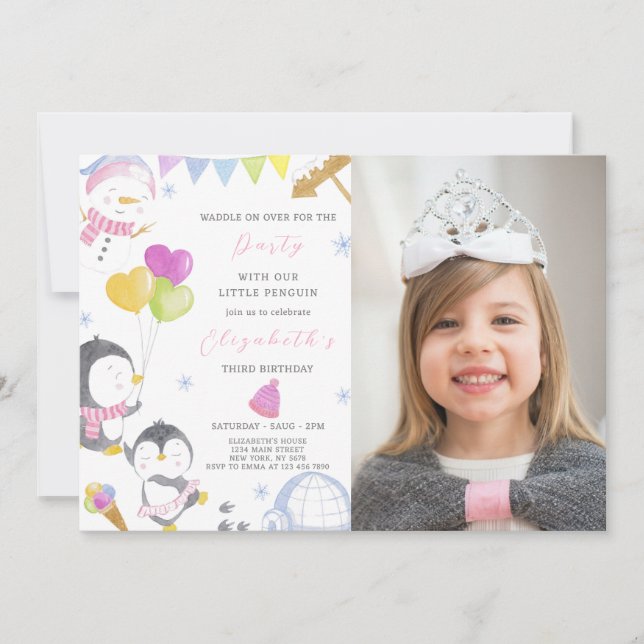 Party Penguin Birthday Invitation With Photo (Front)