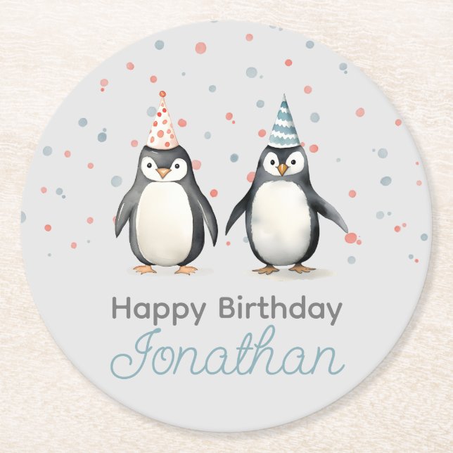 Party Penguins, watercolor, children's birthday Round Paper Coaster (Front)