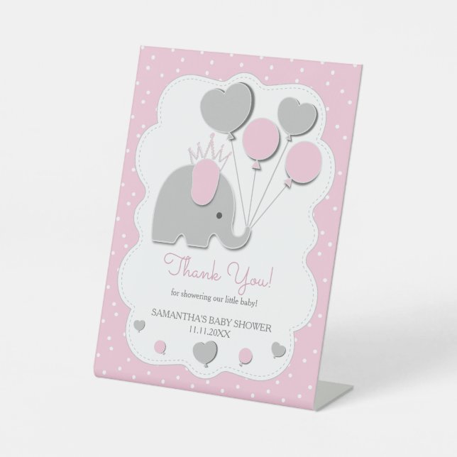 Party Pink gray tone Elephant Baby Shower Girl Pedestal Sign (Front)