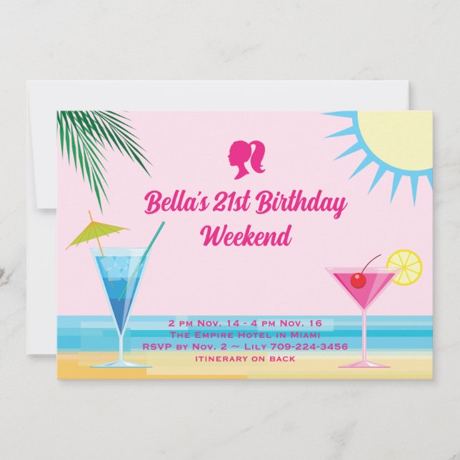 Party Pink Tropical Beach 21st Birthday Weekend Invitation (Front)