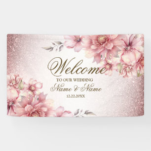 Party Pink Watercolor Flowers Shiny Glitter Modern Banner
