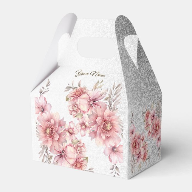 Party Pink Watercolor Flowers Shiny Glitter Modern Favour Box (Front Side)