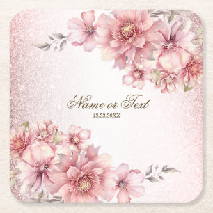 Party Pink Watercolor Flowers Shiny Glitter Modern Square Paper Coaster