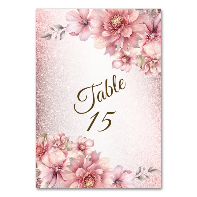 Party Pink Watercolor Flowers Shiny Glitter Modern Table Number (Front)