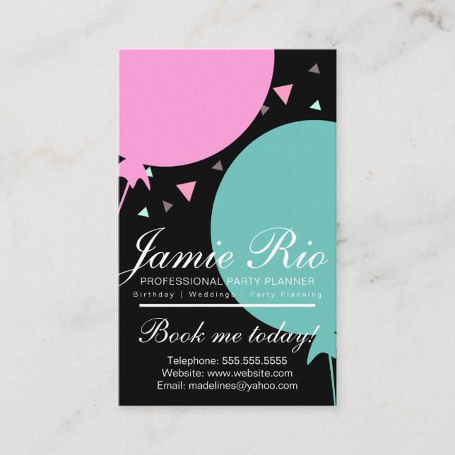 Party Planner Birthday Planning Balloon  Confetti Business Card (Front)