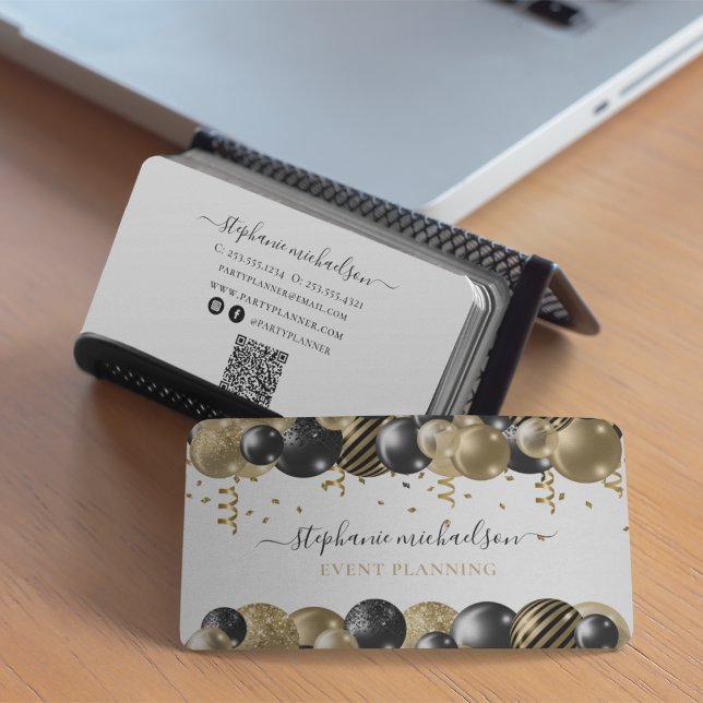 Party Planner Black Gold Balloon QR Code Business Card (Party Planner Black Gold Balloon QR Code Business Card)