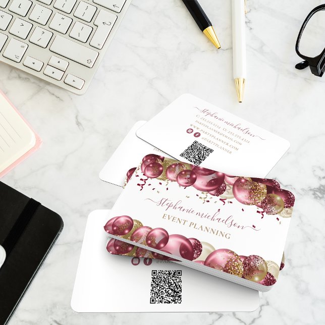 Party Planner Burgundy Gold Balloon QR Code Business Card (Party Planner Burgundy Gold Balloon QR Code Business Card)
