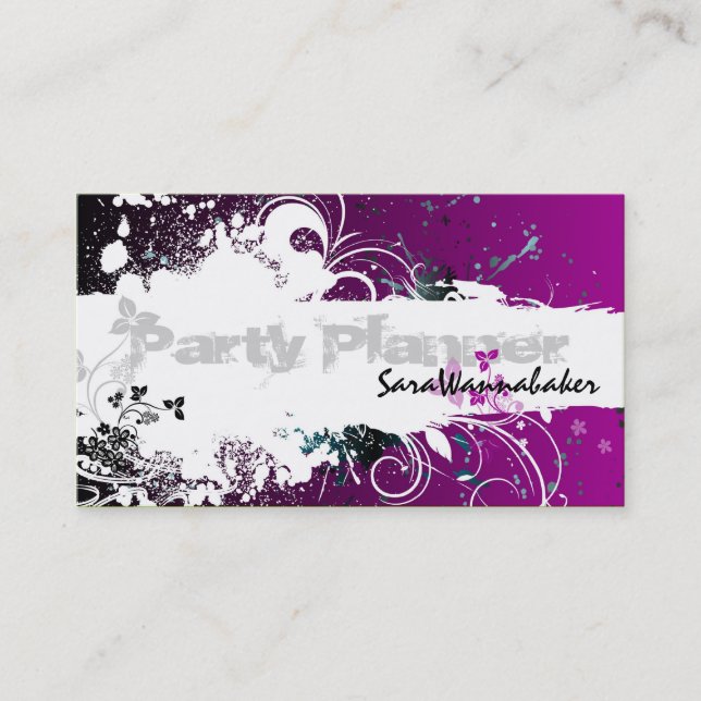 Party Planner Business Card Grunge Splatter Pink (Front)
