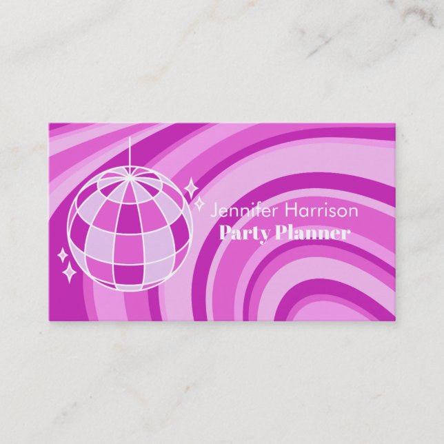 Party Planner Retro Groovy Wave Disco Ball Purple Business Card (Front)