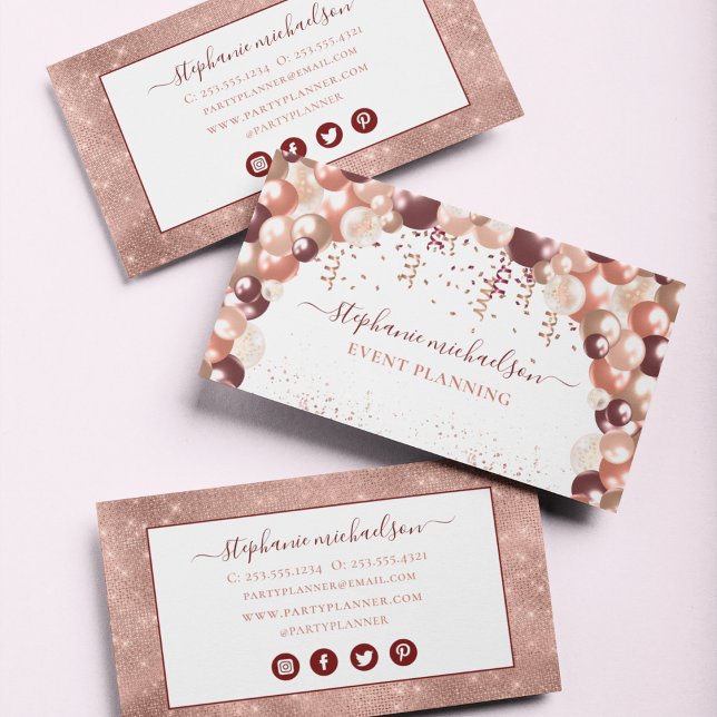 Party Planner Rose Gold Glitter Balloon Business Card (Party Planner Rose Gold Glitter Balloon Business Card)