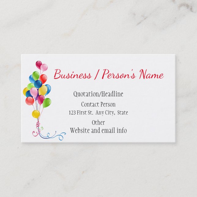 Party Planners Fun Colourful Balloons Custom Business Card (Front)