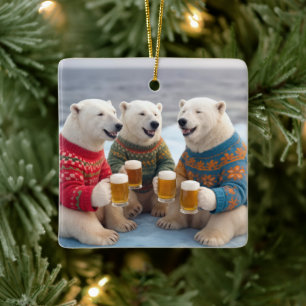 Party Polar Bears Wearing Christmas Ugly Sweaters Ceramic Ornament