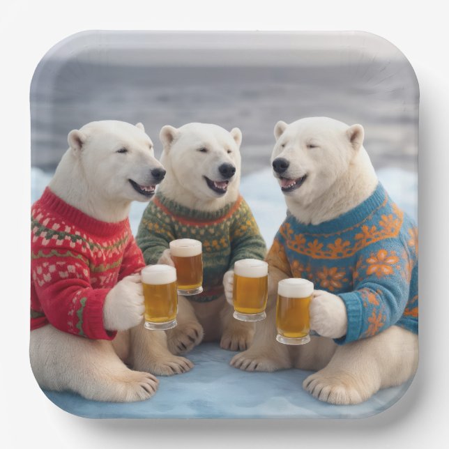 Party Polar Bears Wearing Christmas Ugly Sweaters Paper Plate (Front)