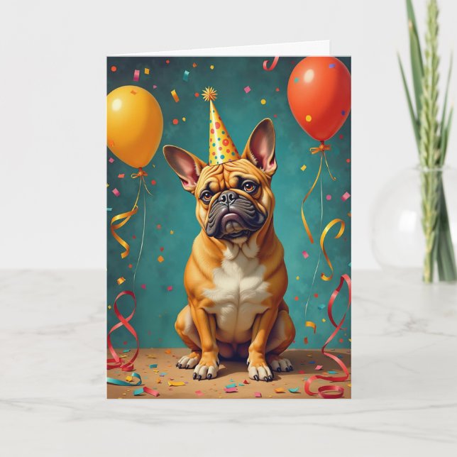 Party Pooch Birthday Card – Funny French Bulldog (Front)