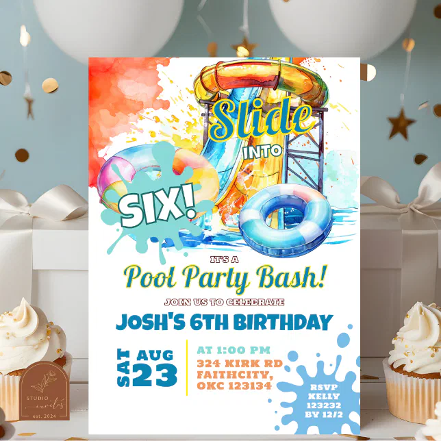 Party Pool Bash Waterslide Birthday Invitation | Zazzle