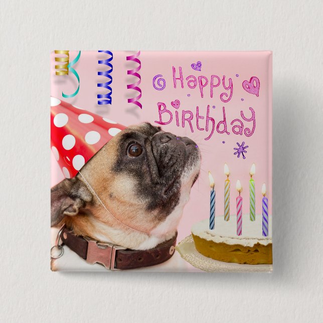 Party Pug and Birthday Cake Cute 15 Cm Square Badge (Front)